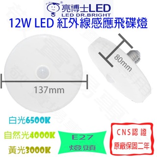 【敬】亮博士 12W E27 紅外線 感應 飛碟燈 LED 燈泡 全電壓 CNS認證 陽台 走廊 造型 廁所 走道 浴室