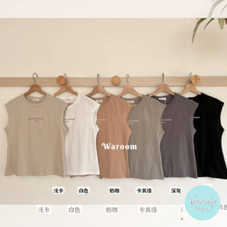 Waroom|高雄現貨秒出 韓國設計超肩連袖字母印花無袖上衣女裝|T恤|半肩袖|背心上衣|休閒上衣|英文字母T 336
