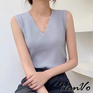 【HanVo】簡約時尚V領針織背心 彈性佳休閒百搭春秋上衣 韓系女裝 女生衣著 A01-0288