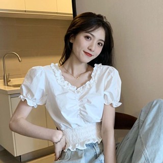 FUXI 短袖上衣女 泡泡袖上衣 短版上衣 短袖襯衫 法式收腰顯瘦短袖t恤 素色短上衣 女裝 衣服