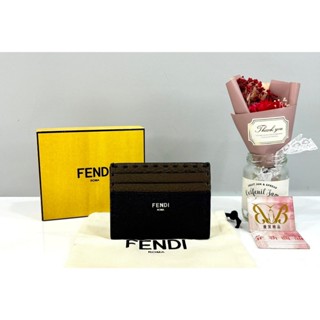 優買二手精品名牌店 FENDI 7M0164 LOGO 撞色藍色咖啡色荔枝皮 票夾信用卡夾名片夾卡套 全新