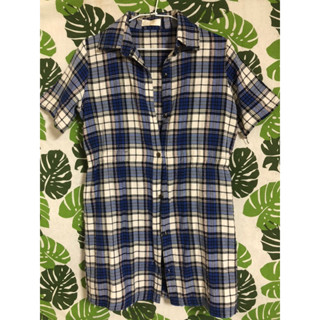 藍白格紋短袖襯衫長版女上衣 連身裙 連衣裙