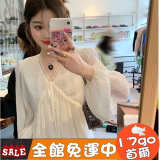 臺灣現貨🔥 Q04 仙氣V領蕾絲雪紡上衣女 春夏季韓系長袖上衣 顯瘦氣質小衫女 顯瘦上衣 氣質上衣 雪紡上衣 百搭上衣