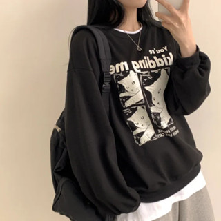 Vuja de 圓領衛衣 大學t 薄衛衣 oversize ins 長袖衛衣 秋季女裝 圖案印花 韓國上衣 刷毛 衣服女
