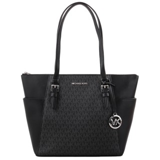 MICHAEL KORS-側雙口袋滿版LOGO皮革托特包(黑灰)中款