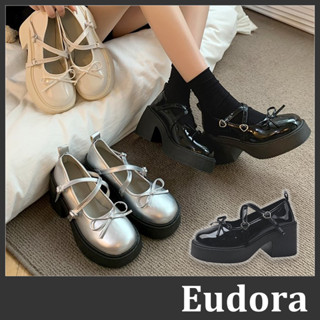 【Eudora】厚底小皮鞋 銀色 瑪莉珍鞋 芭蕾舞鞋 娃娃鞋 高跟鞋 蝴蝶結 愛心 圓頭皮革細帶交叉 厚底粗跟 瑪麗珍鞋