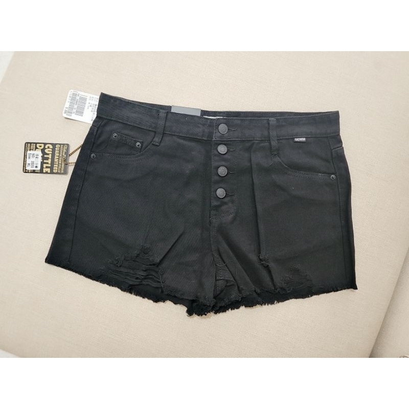 [全新] 高腰 刷破 排扣 牛仔短褲 - XL#黑(腰圍82cm)