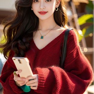 秋冬毛衣 V領上衣 毛線衣 針織衫 紅色上衣 初秋感秋季款車釐子安可拉棗紅色穿搭毛衣女 燈籠袖上衣KBF07.7793