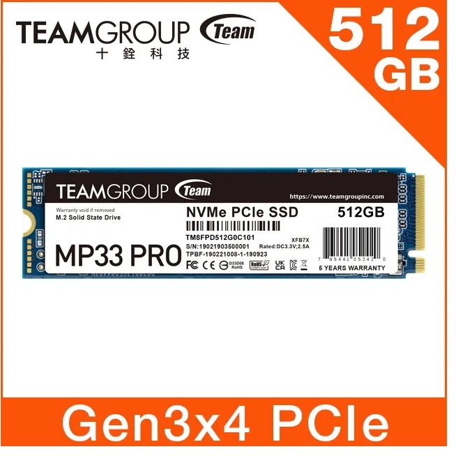 TEAM 十銓 MP33 PRO 512GB M.2 PCIe SSD 固態硬碟 512G