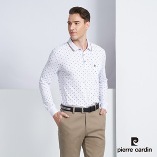 【pierre cardin 皮爾卡登】男款 棉質混紡四葉草印花薄長袖POLO衫-白色 (5225265-90)