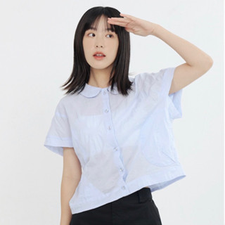 a la sha「全新、淺藍SM/白SM」方格泡泡短袖襯衫