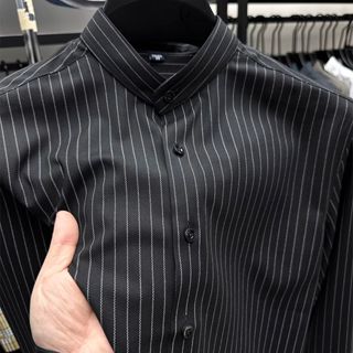 ♋新品熱銷·爆款襯衫♋小立領長袖襯衫男士豎條紋襯衣印花長袖襯衣免燙襯衫時尚透氣襯衣修身百搭上衣潮牌襯衣輕奢高品質