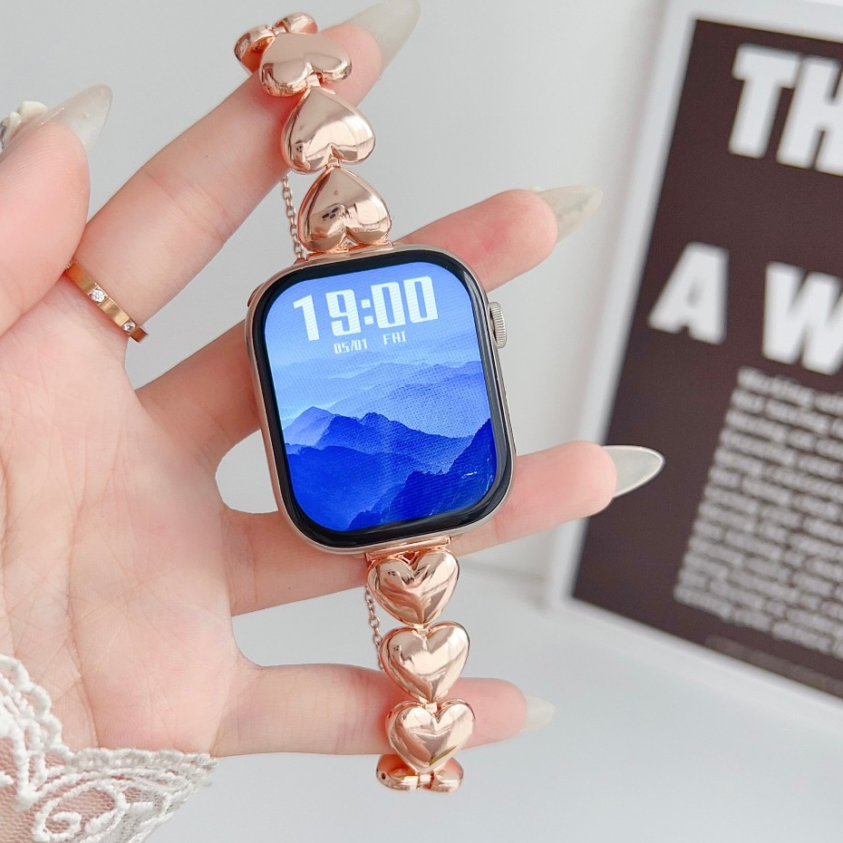 Apple watch 錶帶 適用iwatch 10代 ultra 9/8765 se/S10手錶帶 立體愛心 金屬錶帶
