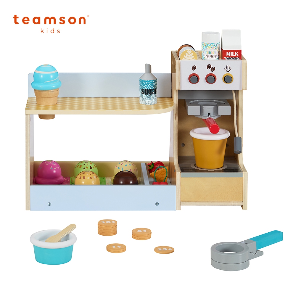 Teamson 木製冰淇淋咖啡機攤販豪華玩具組(附小畫板)