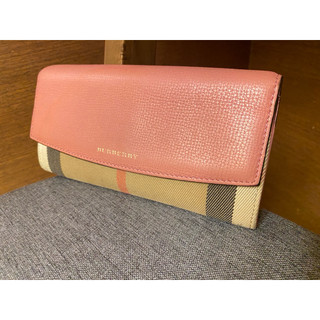 ［二手］burberry 經典格紋拼皮革 翻蓋 長夾-(珊瑚色) 正品
