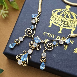 Leo Glass掐絲流線水藍晶鑽項鍊【C’est Si Bon古董珠寶盒】Vintage老飾品 希臘裡拉琴 古典精緻