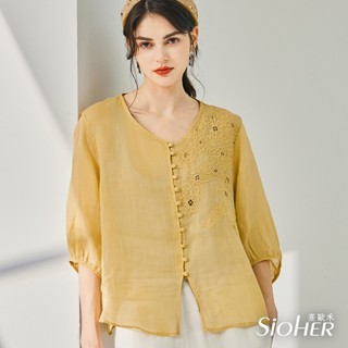 【SiOHER 熹歐禾】◆現貨 2件組 高訂款100%亞麻精繡璀璨上衣/女裝/女上衣/V領上衣
