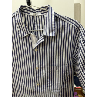 藍白條紋 Uniqlo Plus 短袖襯衫 S號 襯衫 男 條紋襯衫 上班穿搭 商務休閒