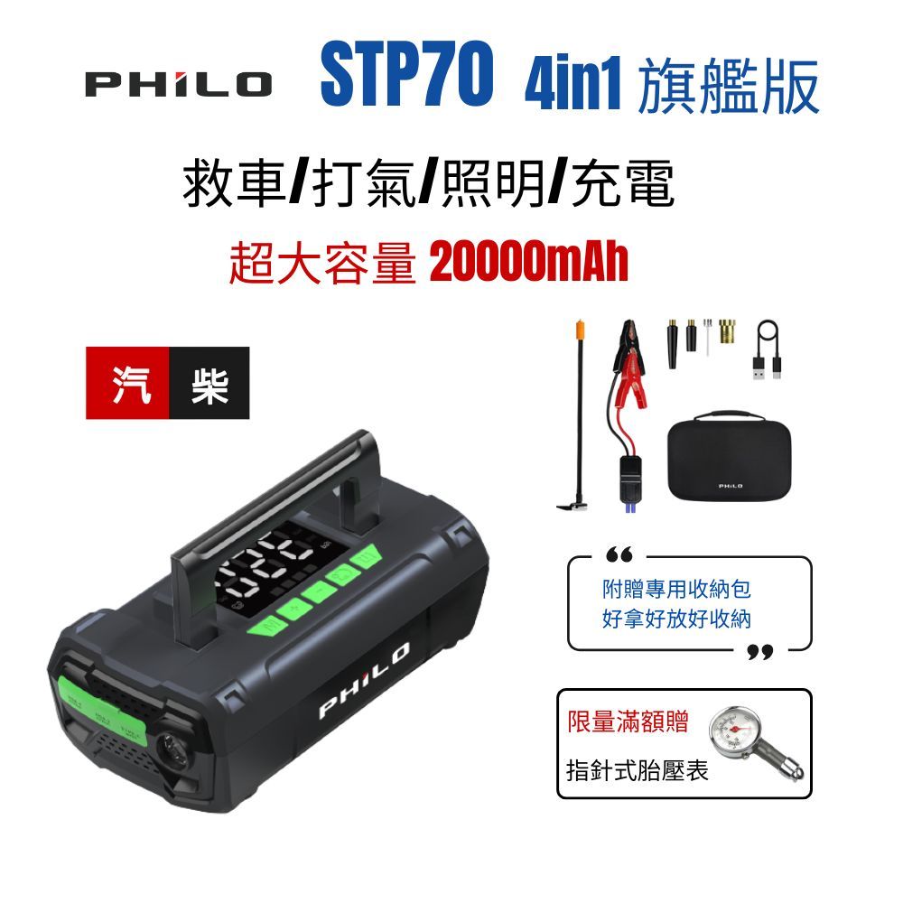 【Philo 飛樂 STP70】首創 多功能汽車救援/打氣組 旗艦版(救車/無線/輪胎打氣機/照明 / 充電)附贈收納包