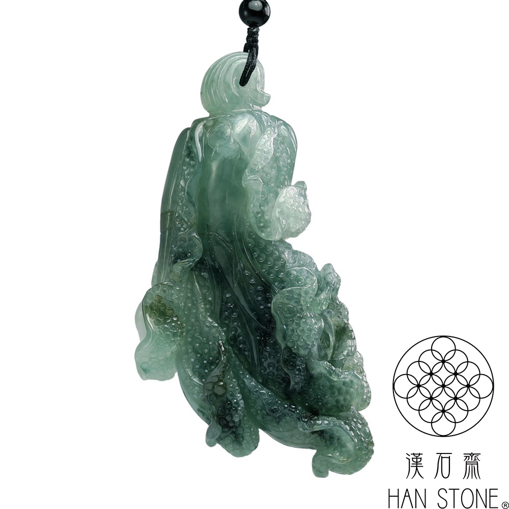 【漢石齋】天然翡翠A貨 大白菜百財玉佩吊墜 冰種藍水飄花(43*88*18mm)