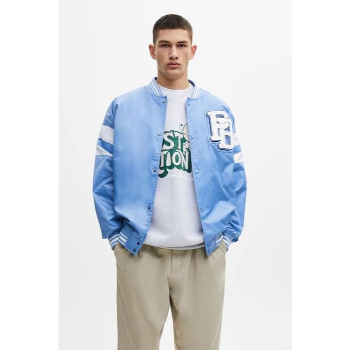 PULL&BEAR 大LOGO拼布 男款M號水藍色尼龍飛行外套 0496【衫之小朱】