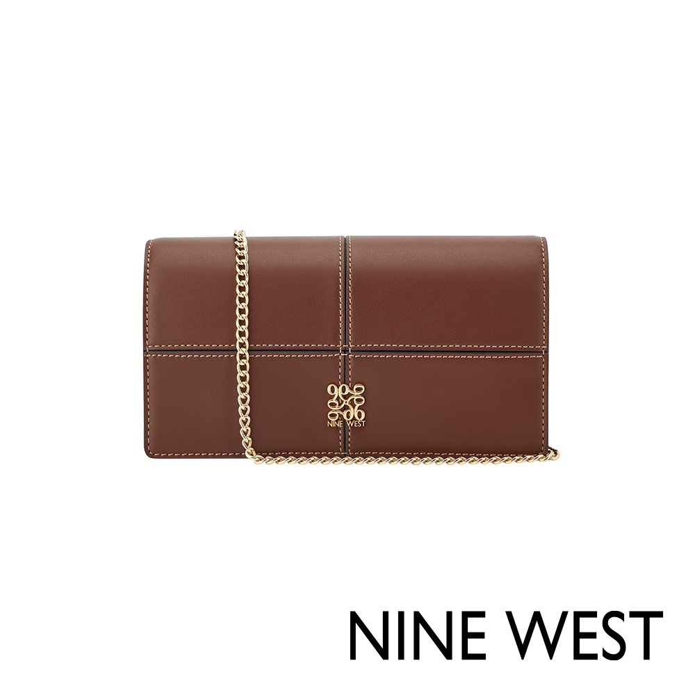 【NINE WEST】PAXTIN 格紋縫線 手機包 鏈帶包 - 咖啡 (5658178) 斜背包包 小包 精美箱裝
