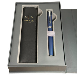 PARKER 派克 IM寶藍白夾鋼珠筆 真皮筆套禮盒