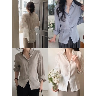 another系列正韓製腰身綁帶襯衫 blouse 2色 ( slowand 自訂款 ) 長袖 上衣 莫代爾 透膚