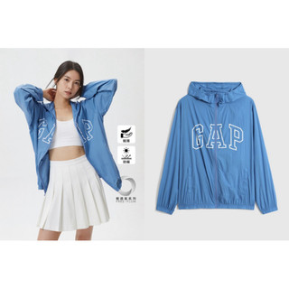 美國【GAP】男女同款 輕透薄系列-印花Logo防曬連帽外套（藍L)