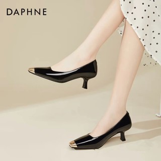 Daphne/達芙妮專櫃正品2025新款女鞋 時尚法式簡約金屬小方頭淺口單鞋優雅漆皮高跟鞋 全新清倉特價 挑戰最低價