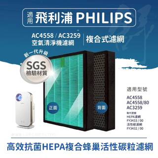 抗菌材質適用Philips飛利浦AC4558 AC3259 代替FY3433 FY3432複合款HEPA+蜂巢顆粒活性碳