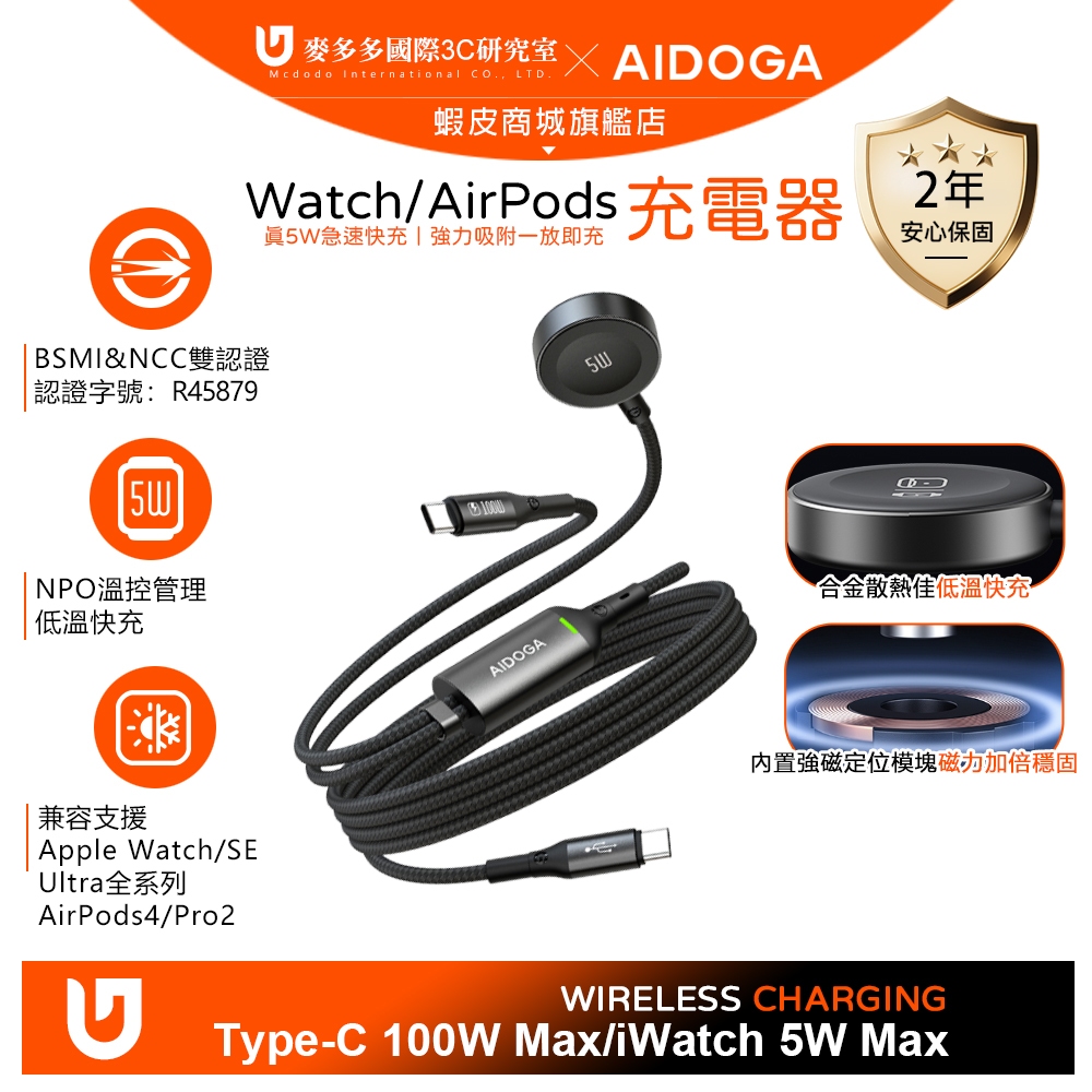 AIDOGA 一分二 雙Type-C/PD/Apple Watch/Ultra 全系列 充電傳輸快充線 爵士 1.5M
