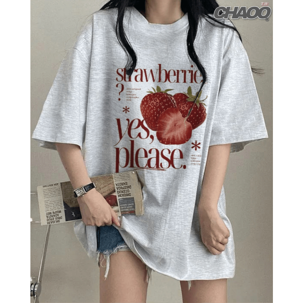 洋氣時髦搭配~ 短袖上衣 100%純棉 t恤 韓系衣服女 切片草莓 印花 t恤 重磅短袖 ins 風衣服 短袖t 潮牌