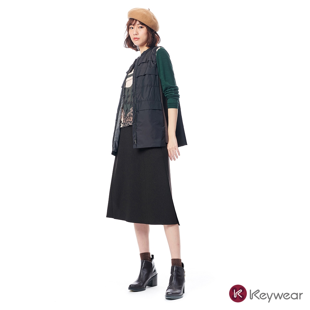 【KeyWear 奇威名品】不對稱摺線造型中長裙 深咖啡色