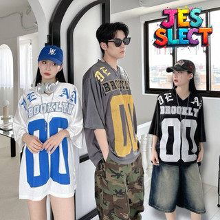 【JES】 韓國 美式 V領 球衣 BROOKLYN 刺繡 哥德 字母 號碼 印花 網眼 拼接 街頭 潮流 百搭 短T