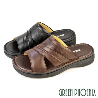 【GREEN PHOENIX】男鞋 拖鞋 全真皮 牛皮 吸震減壓 手縫 厚底 臺灣製T12-18022