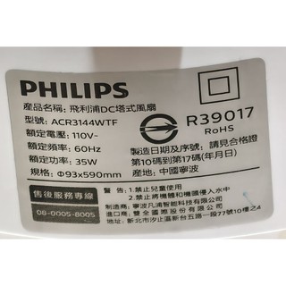 飛利浦DC塔式風扇遙控器--型號ACR3144WTF