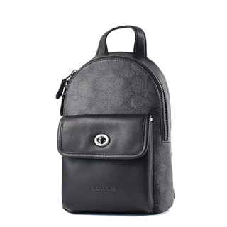 COACH 男款 緹花LOGO防刮拚小牛皮拉鍊單肩背胸包-灰黑/小【美國正品現貨】