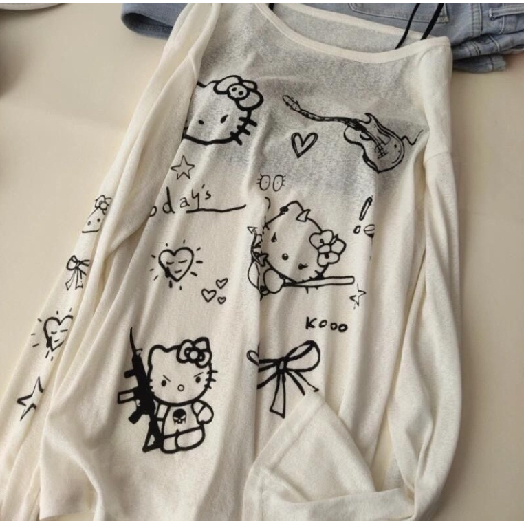 【Uni】敲可愛~kitty印花長袖T恤女2025春夏新款寬鬆防曬休閒罩衫上衣ins