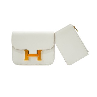 Hermes Constance Slim Evercolor牛皮金釦短夾/腰包(Craie奶昔白)