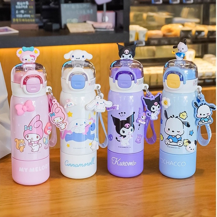 三麗鷗380ml不含雙酚A雙飲口保溫瓶 庫洛米吸管直飲兩用 美乐蒂316不鏽鋼卡通水瓶 女孩兒童隨行杯 吸管+直飲