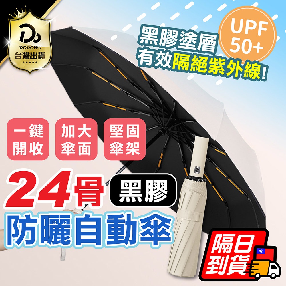 直接免運不用湊！【防雨又遮陽 防曬指數50+】24骨黑膠防曬自動傘 雨傘 自動傘 黑膠自動傘 自動摺疊傘 加大自動傘