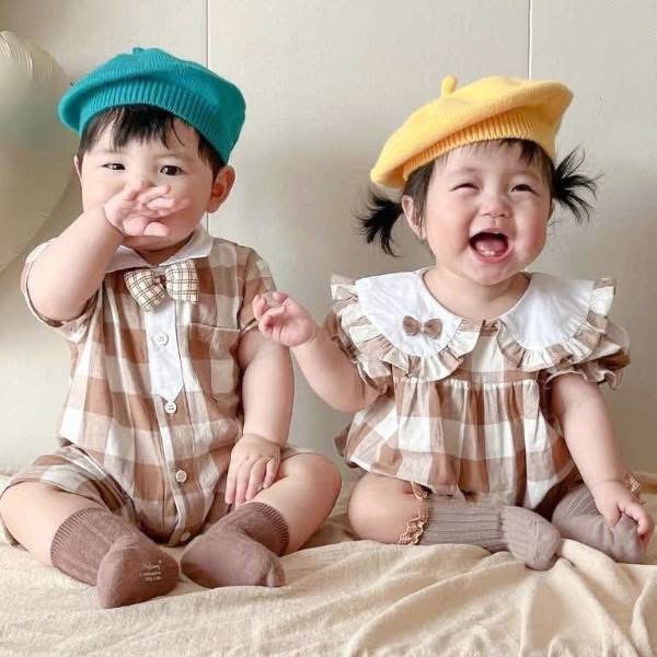 小清新格紋男女寶寶包屁衣 兄弟姊妹手足款 短袖襯衫包屁衣 小熊格紋包屁衣 夏季短袖包屁衣