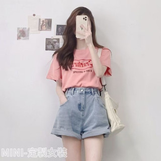 韓係套裝 夏季服飾女 ins風 減齡T恤 顯瘦上衣 高腰短褲 牛仔短褲 小個子套裝 兩件套 氣質套裝【MINI家】