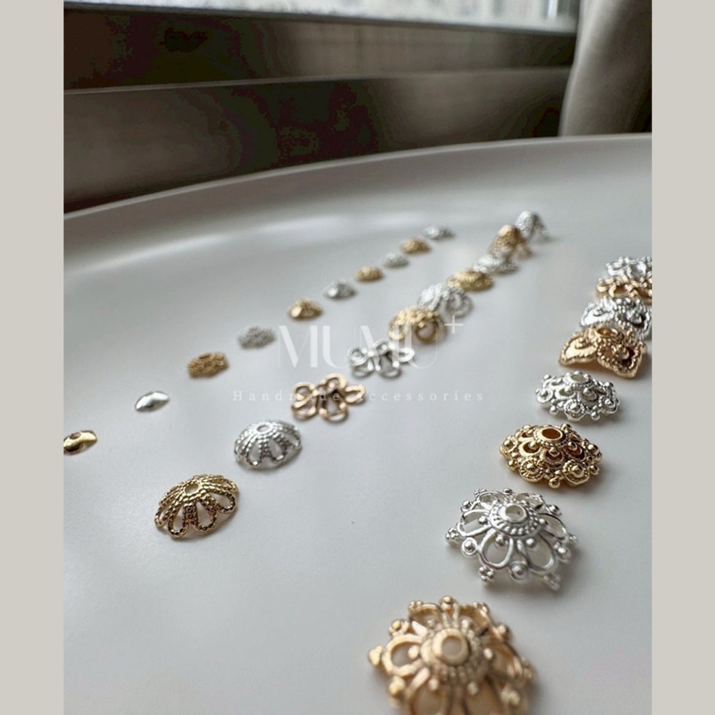 ﹝MuMu+﹞14k鍍金銀色 鏤空 光面 花紋 花蓋 花托 帽蓋 集中 隔珠 飾品 手作 材料 DIY