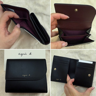 全新 agnes b 黑色 酒紅色 圓弧 燙金Logo 牛皮 原皮 9卡 皮夾 短夾 錢包 女用 小b 正品 撞色 雙色