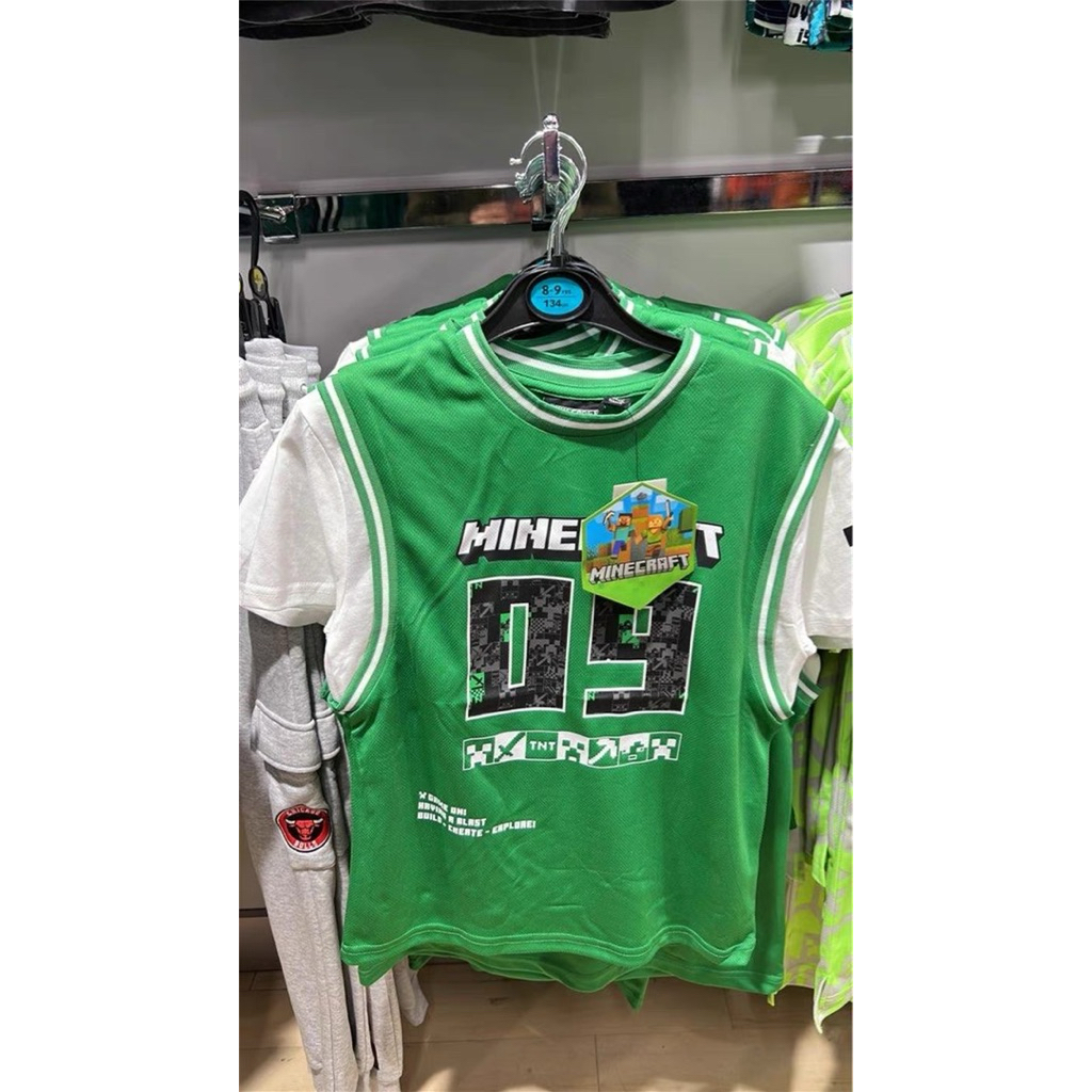 現貨🟢新款2024出口英國Minecraft 我的世界麥塊衣服苦力怕夏季男童兒童籃球運動速乾短䄂背心假二件運動上衣