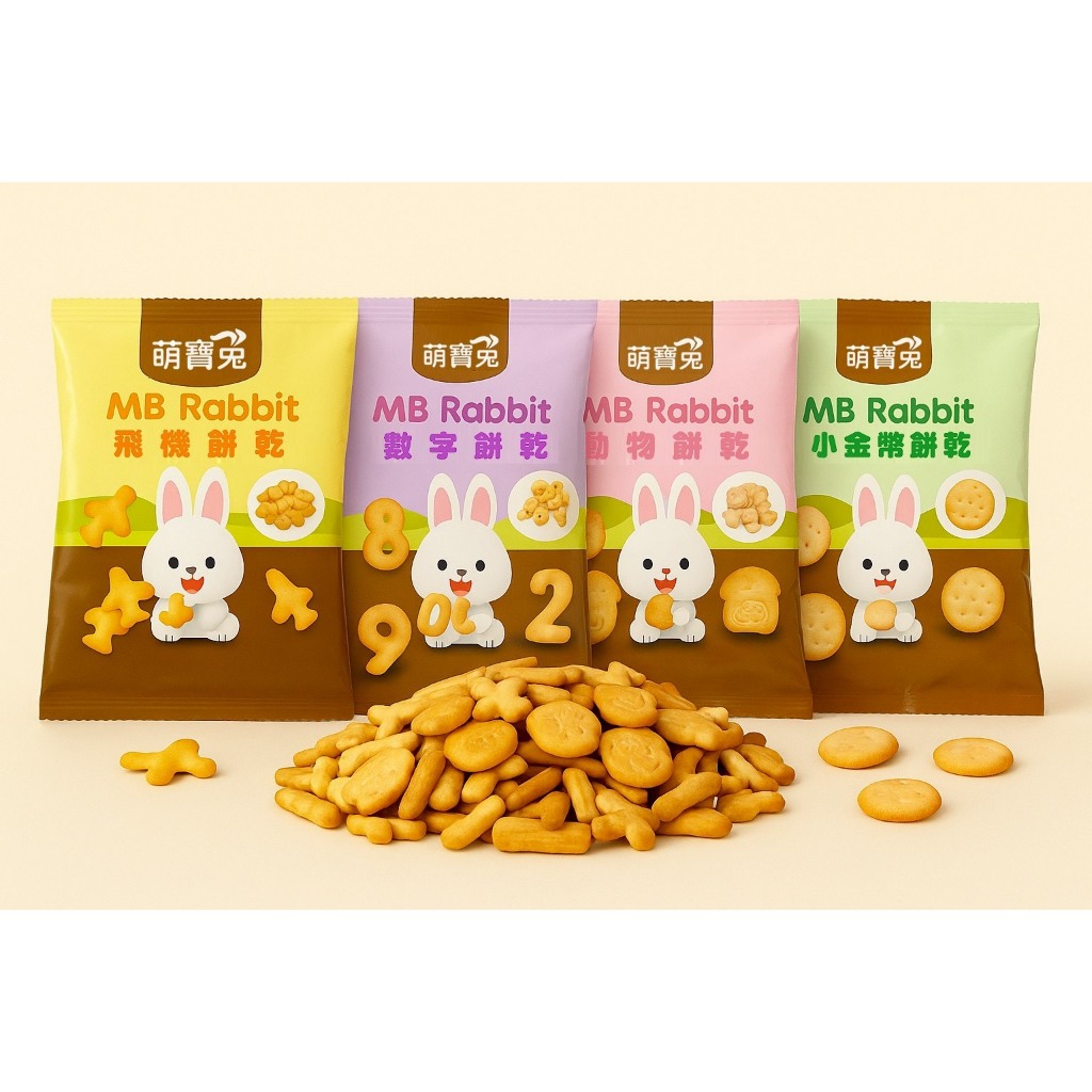 萌寶兔 台灣製造兒童餅乾 一串四包 動物餅乾/數字餅乾/金幣餅乾/飛機餅乾