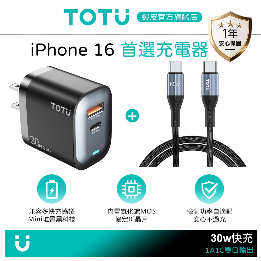 TOTU 雙孔 30W快充組 GaN氮化鎵充電器+雙Type-C/PD充電傳輸線 QC4.0 Racing系列 2M