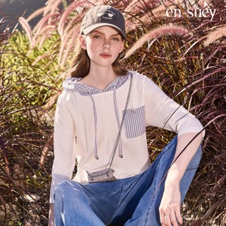【en-suey 銀穗】條紋拼接連帽七分袖上衣 - 白/藍 25313-5202